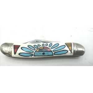 Vintage SABRE Folding 2 Blade Pocket/Jack Knife Native American/Southwest Motif